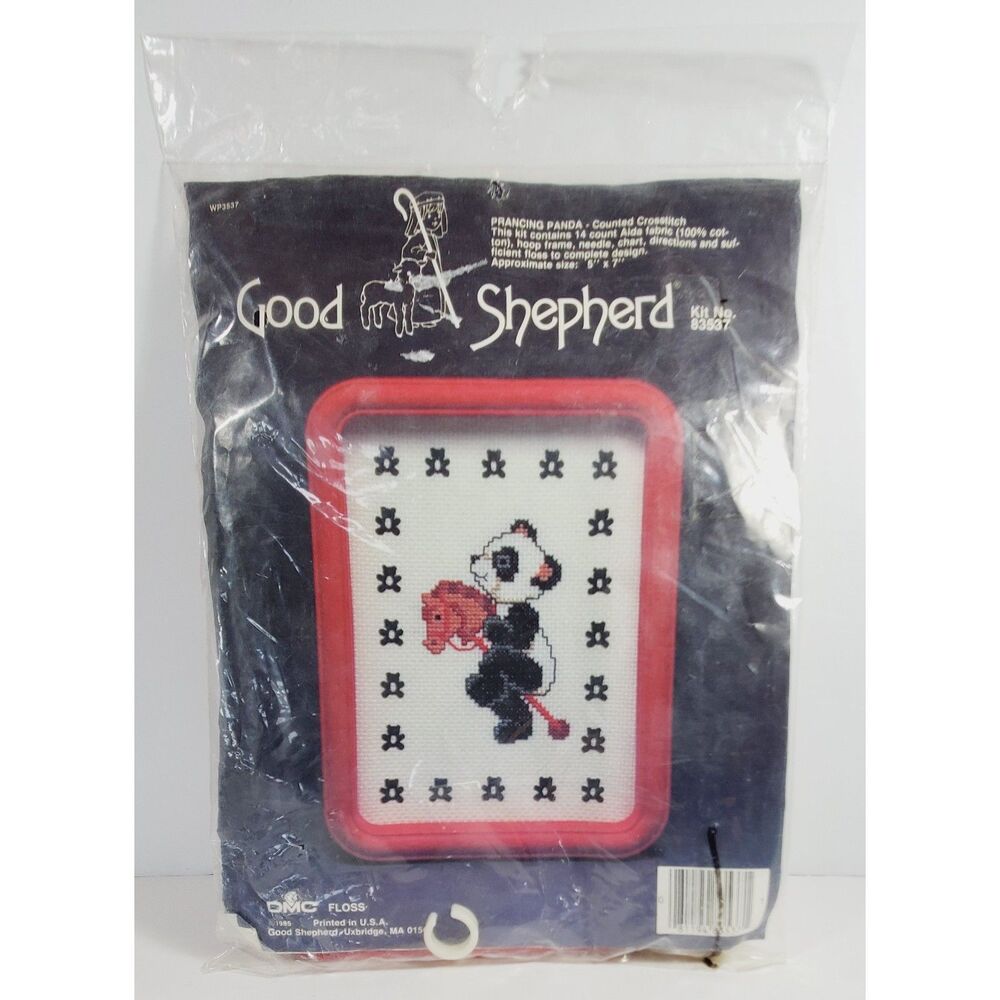 New Vtg Good Shepherd Brand Prancing Panda Cross Stitch Kit with Frame 5x7"